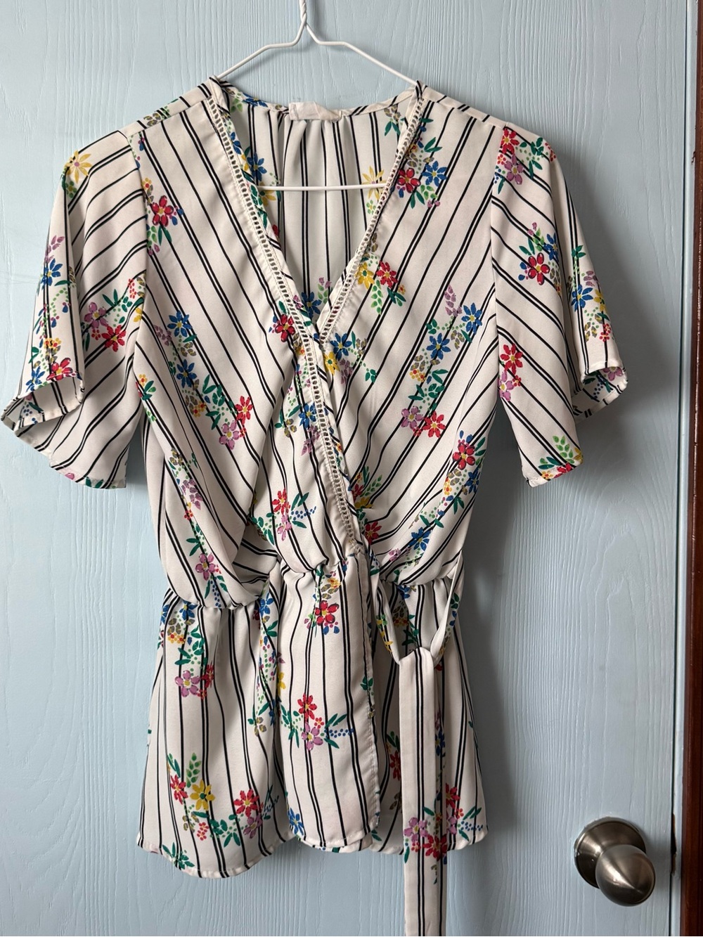 Sienna Sky White Floral Stripe Wrap Blouse